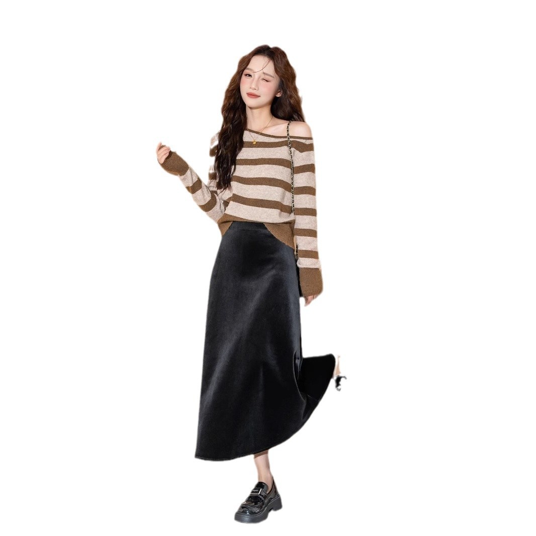 GraceChic 2024 Nuovo abito nero lucido e fluente in stile Hepburn, autunno inverno, gonna midi in pile lungo in velluto a sirena per donna_voghion.com