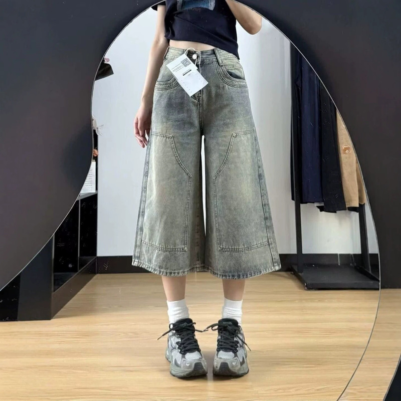 Plus-size American-style cropped jeans for women, 2026 summer new style, loose high-waisted mid-length pants, thin wide-leg shorts