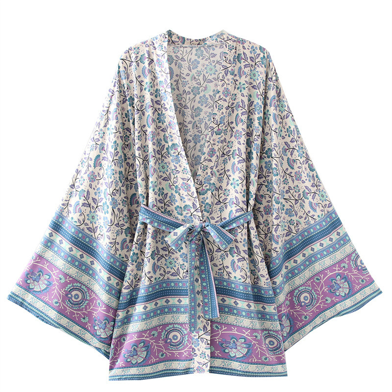 2023 Summer European and American Vacation V-Neck Ram Watermark Printed Tassel Loose Short Lace-Up Kimono Dress