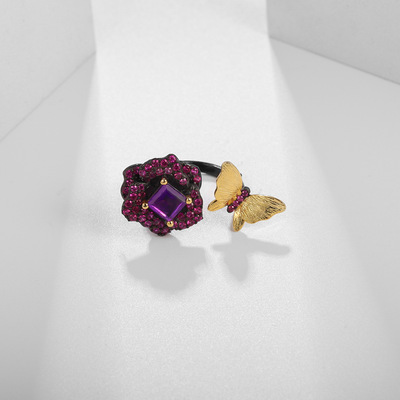 designer natural amethyst Ring Natural wind butterfly flowers and plants design 925 Opening adjust Ring