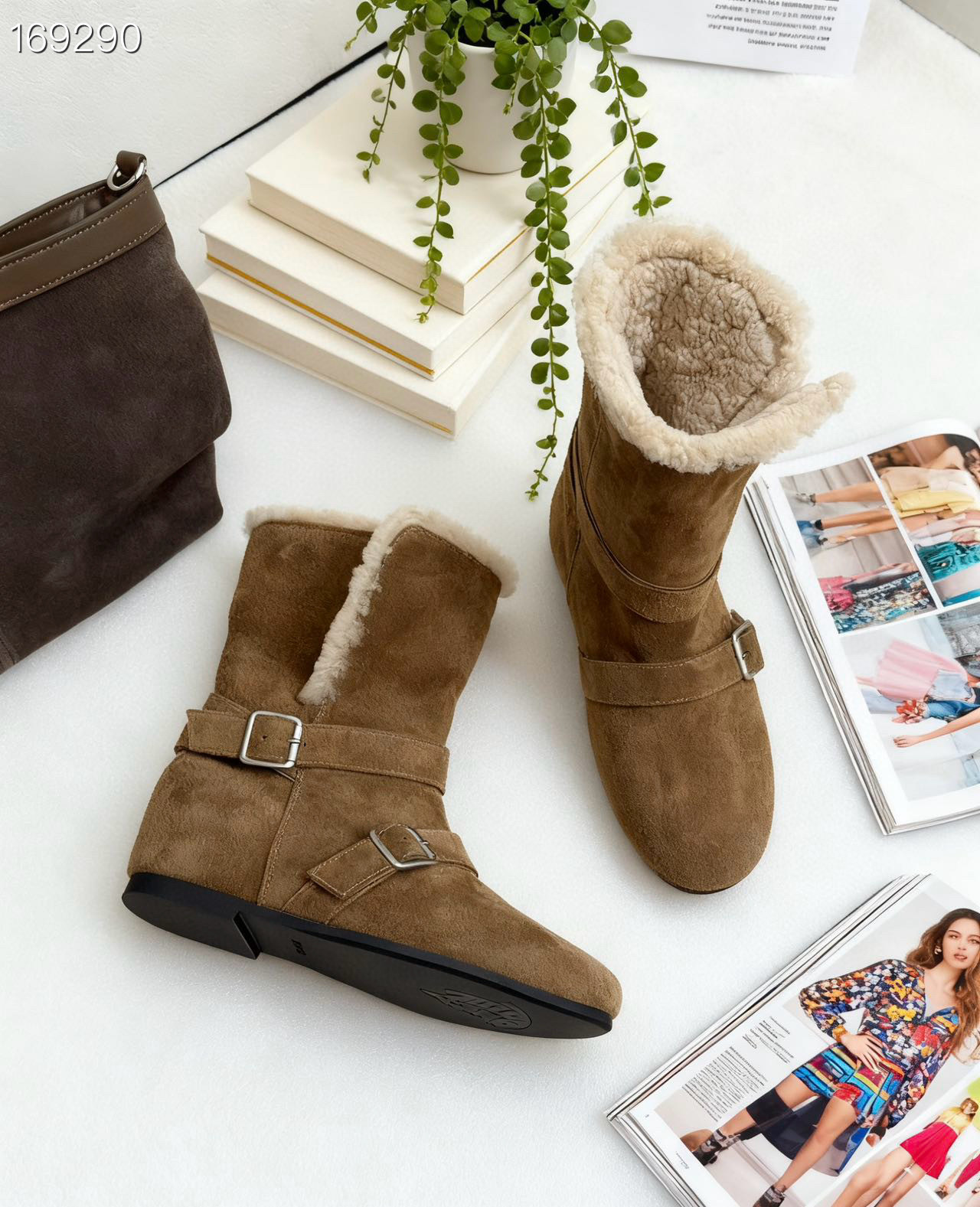 Boot cổ cao da cừu lông nhung nữ 2025 phong cách cổ điển, đế tăng chiều cao, có thể xếp cổ — Màu nâu chi tiết 8