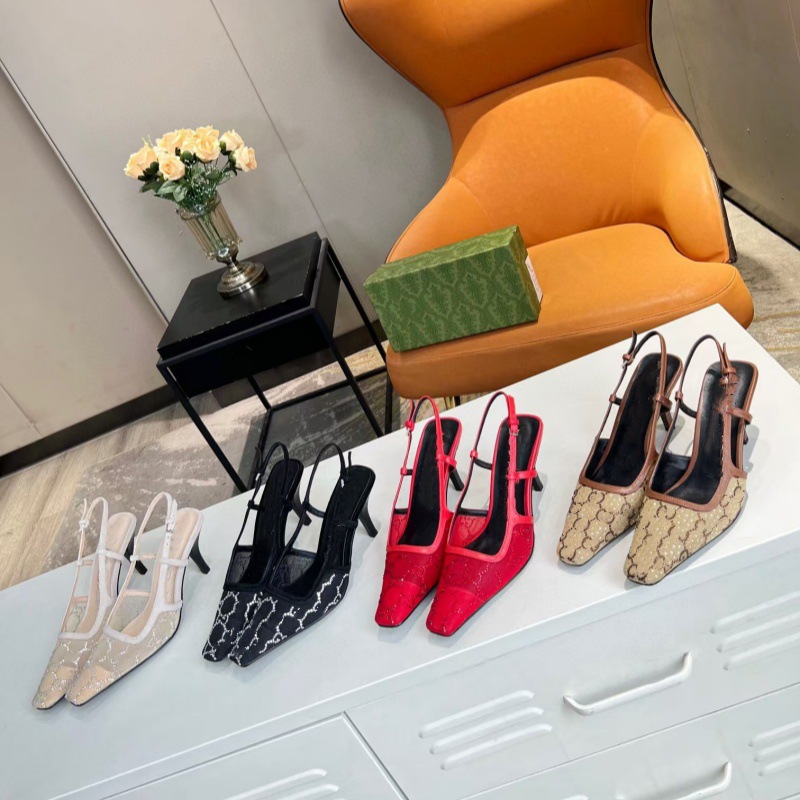 外贸新款欧美中东迪拜OL时尚气质百搭网纱烫水钻方头后空高跟凉鞋