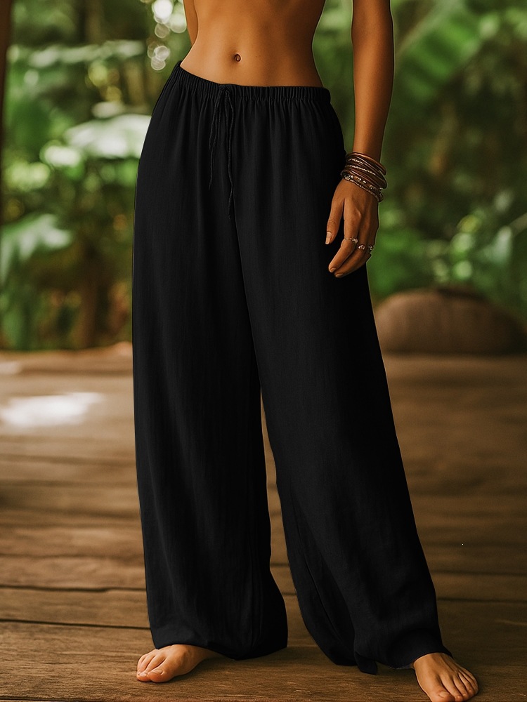 Women's Clothing Women's Cotton Linen Loose Straight Leg Pants With Elastic Waist And Pockets Solid Color Casual Bottoms_ecoleips.com