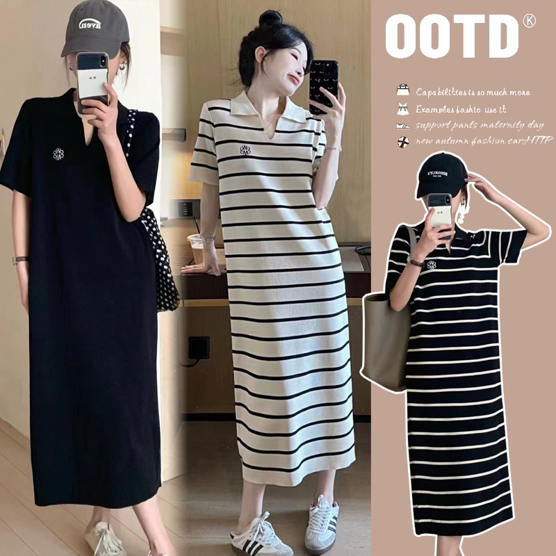 2026 Summer New Knitted Maternity Dress V-Neck Striped Fashionable Maternity Wear Postpartum Nursing Dress
