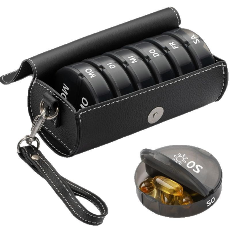 跨境热销药片收纳盒 亚马逊圆形便携式PU皮药盒 外贸药品大号盒子