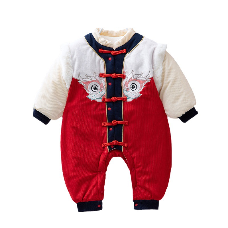 Ropa de bebé invierno nuevo estilo chino Tigre cabeza sombrero engrosado mameluco caliente Año Nuevo saludo ropa un mes de edad cien días