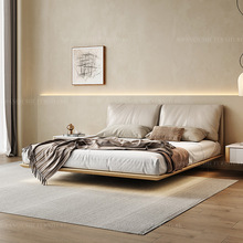 意式极简悬浮床主卧真皮床现代轻奢软包床带感应灯实木大床1.8米