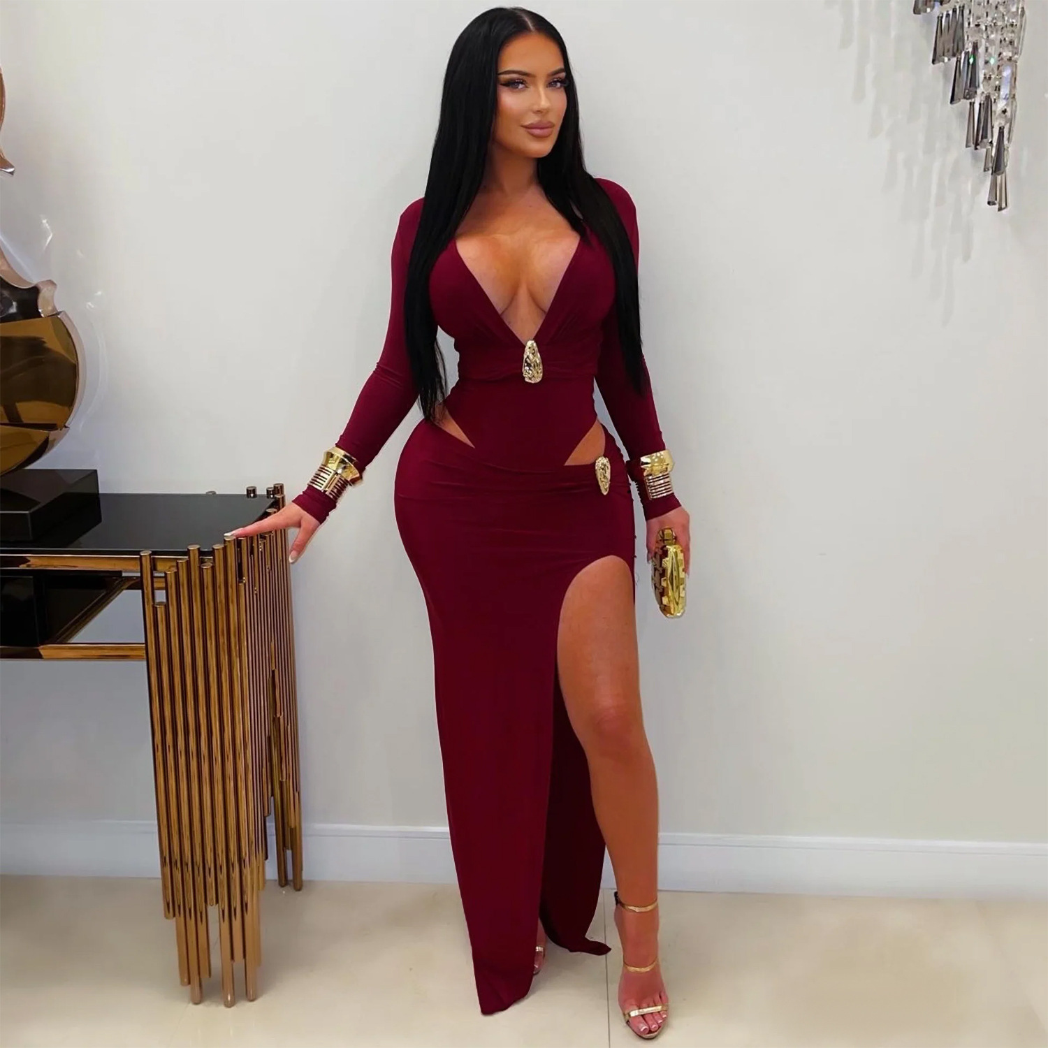 C7631 Aliexpress transfronterizo Amazon Europa y América moda de mujer sexy cuello v color sólido vestido de mangas largas de cadera image 5