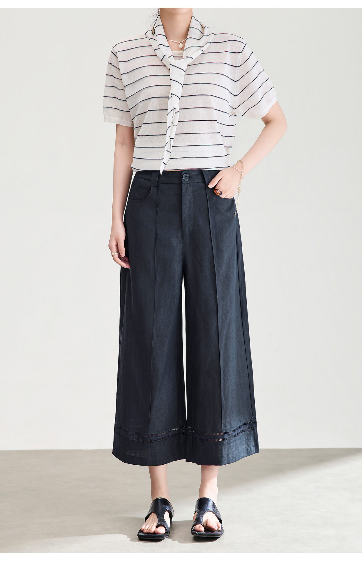Quần culottes nữ ống rộng dáng dài 9 phần, chất liệu sợi gai dầu mỏng nhẹ mùa hè — màu xanh navy chi tiết 25