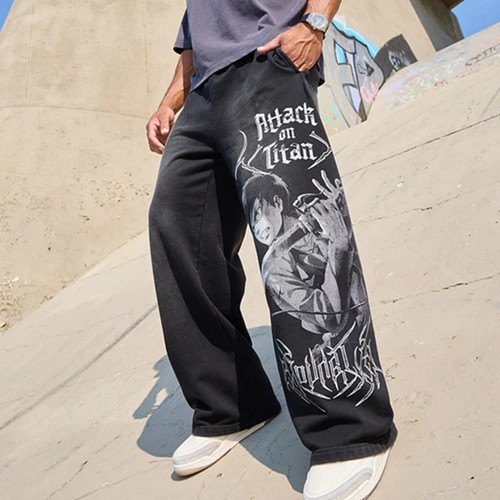 YOUNGLA American Style Cotton Ribbed Print Wide Leg Long Pants for Men and Women Loose Casual Straight Leg Pants