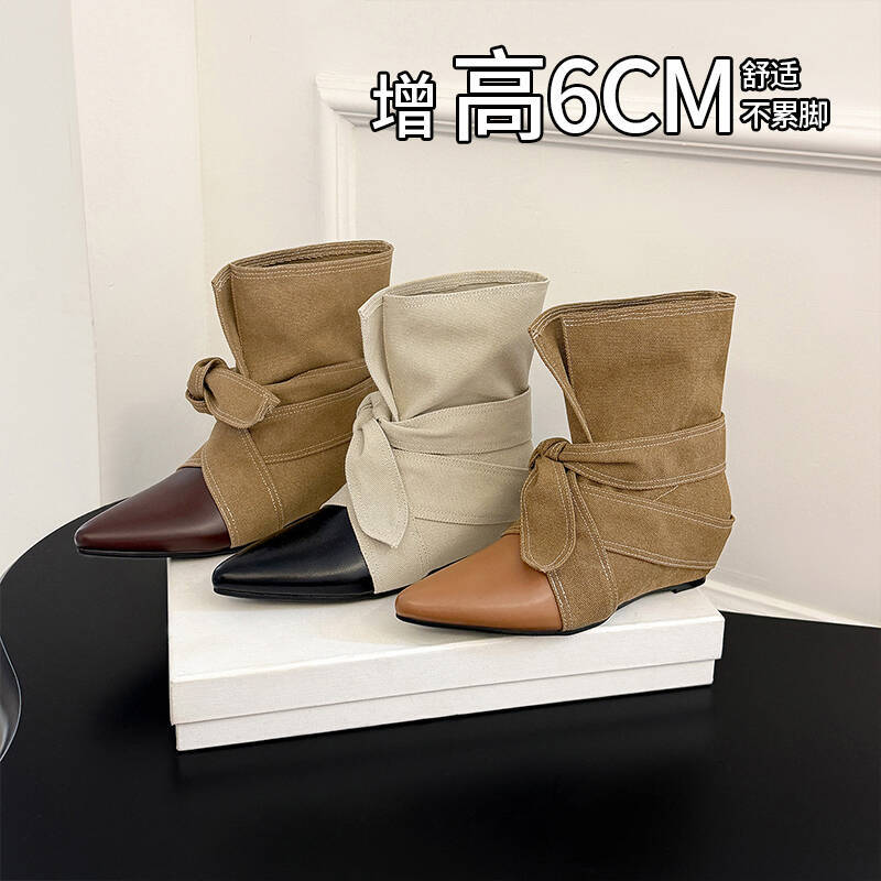6cm height-increasing, sweet-style, patchwork bow-tie ankle boots for women, 2026 new collection, versatile, slimming, pointed-toe, Western-style boots, riding boots