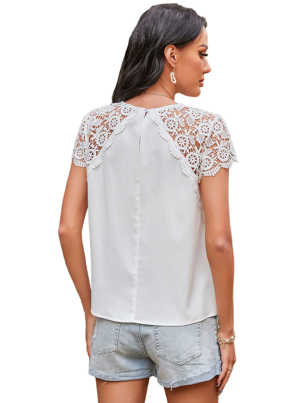 solid color hedging lace short-sleeved T-shirt NSDF30807