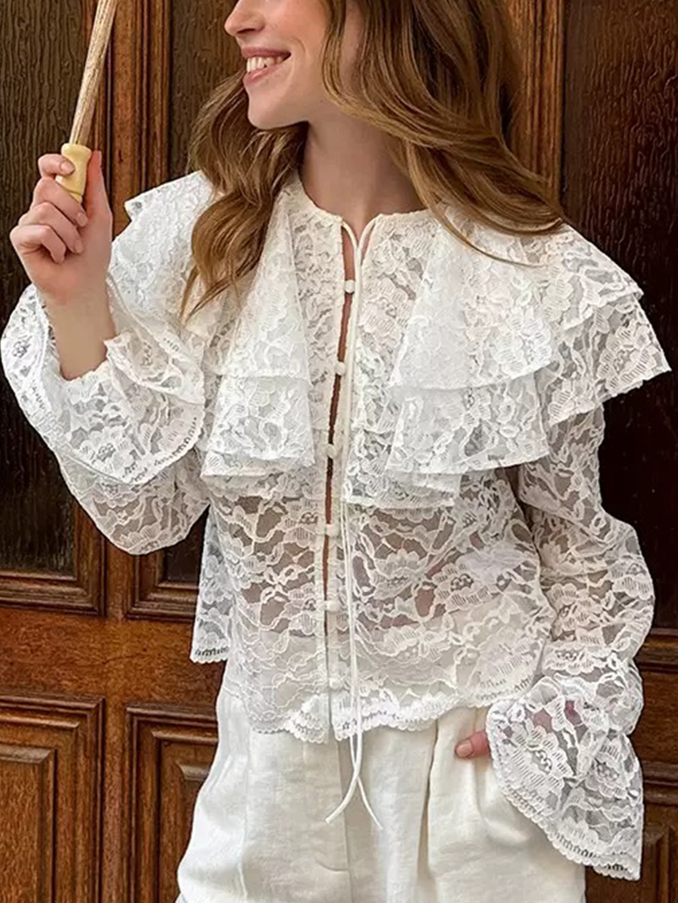 Camisa con Doble Cuello de Volante para Mujer de Poliéster con Encaje Manga Larga para Invierno