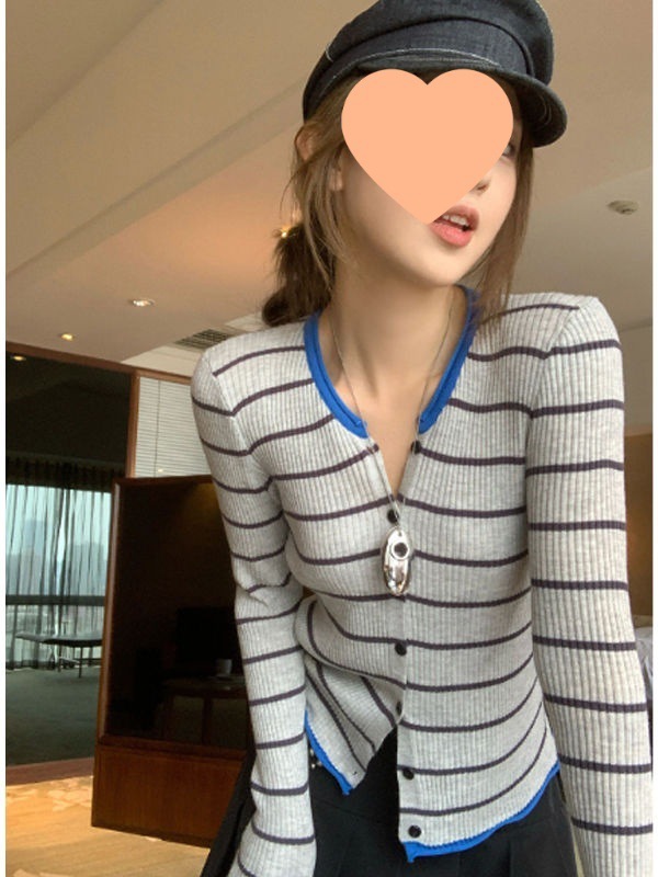 设计感撞色条纹长袖圆领针织开衫女秋季新款修身显瘦外套打底上衣|undefined