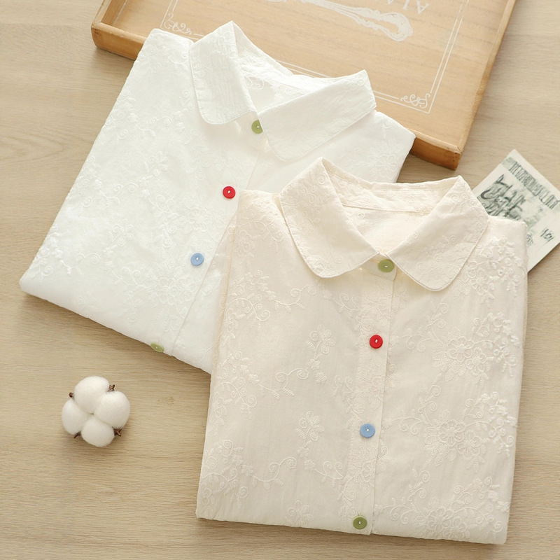 2025 Autumn Literary Fresh Doll Collar Lace Embroidery Plum Blossom Button Pure Cotton White Long Sleeve Shirt for Women Students