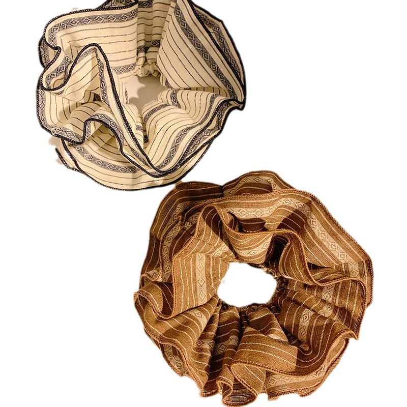 Retro francés ~ rayas de color curry anillo de pelo intestino grande mujer sensación de alto nivel perezoso viento de cola de caballo extra-gran adornos de cabello de cuerda de cabeza