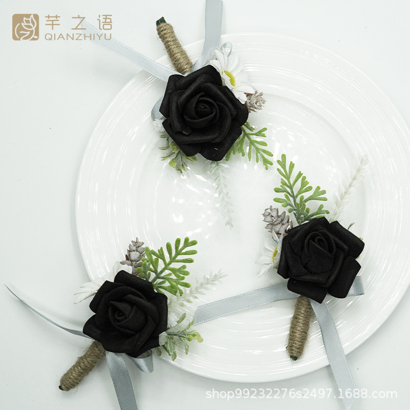 新品亞馬遜同款手工仿真小玫瑰胸花婚禮新娘伴娘歐式迎賓森系批發(fā)