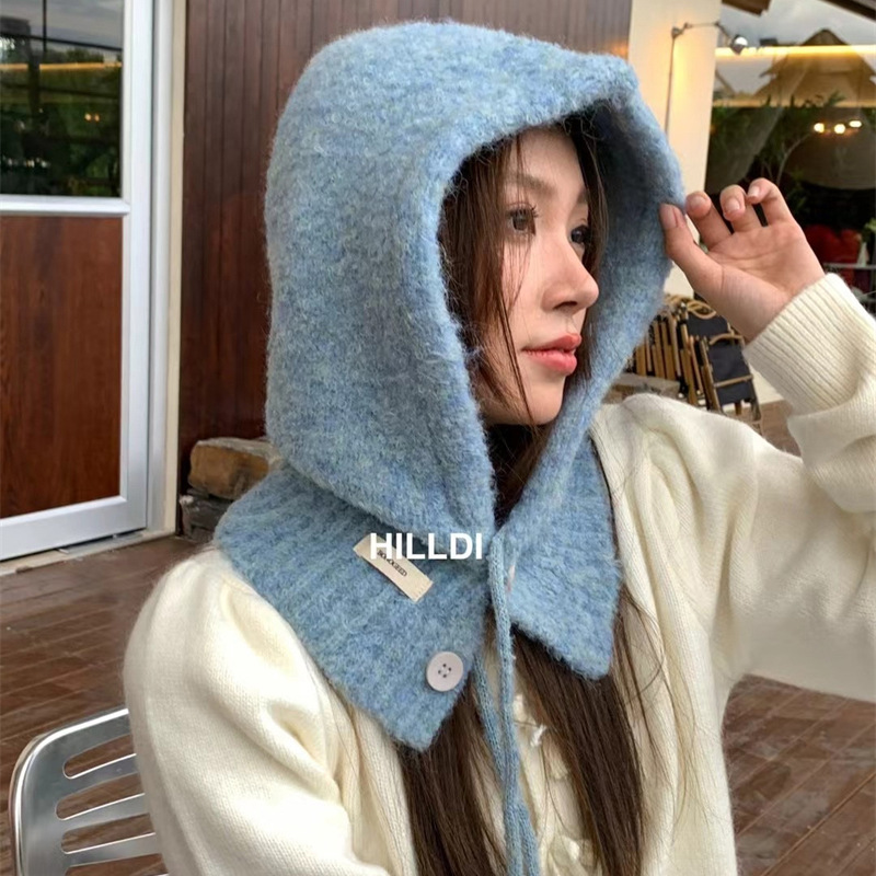 큰 머리 둘레 발라 클라 바 모자 여성의 가을과 겨울 새로운 니트 후드 넥 통합 따뜻한 귀 보호 울 모자