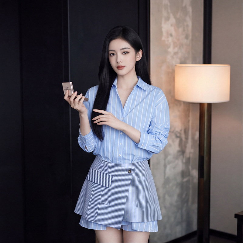 [in Stock] Customizable High-End Women's Fashion Slim-Fit Stylish Waist-Cinching Striped Shirt Dress from Shenzhen Nanyou