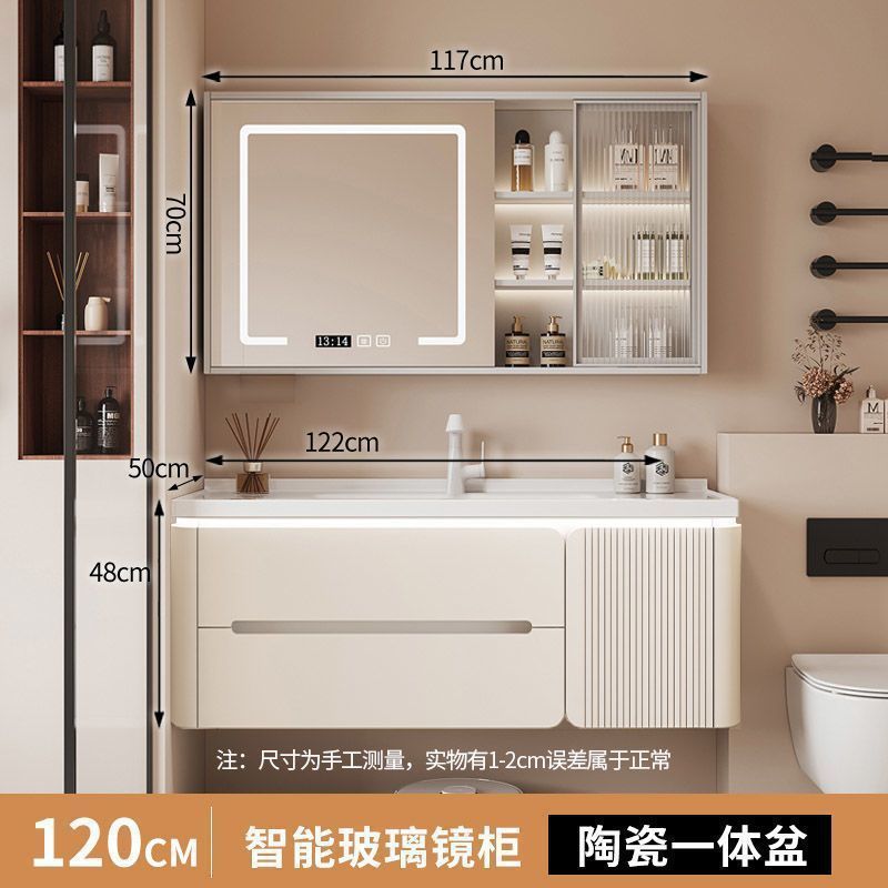 クリーム風水バスルームキャビネット洗面台オーク塗装セラミック一体型洗面台シンプルなバスルームキャビネット洗面台ライト高級なし|undefined