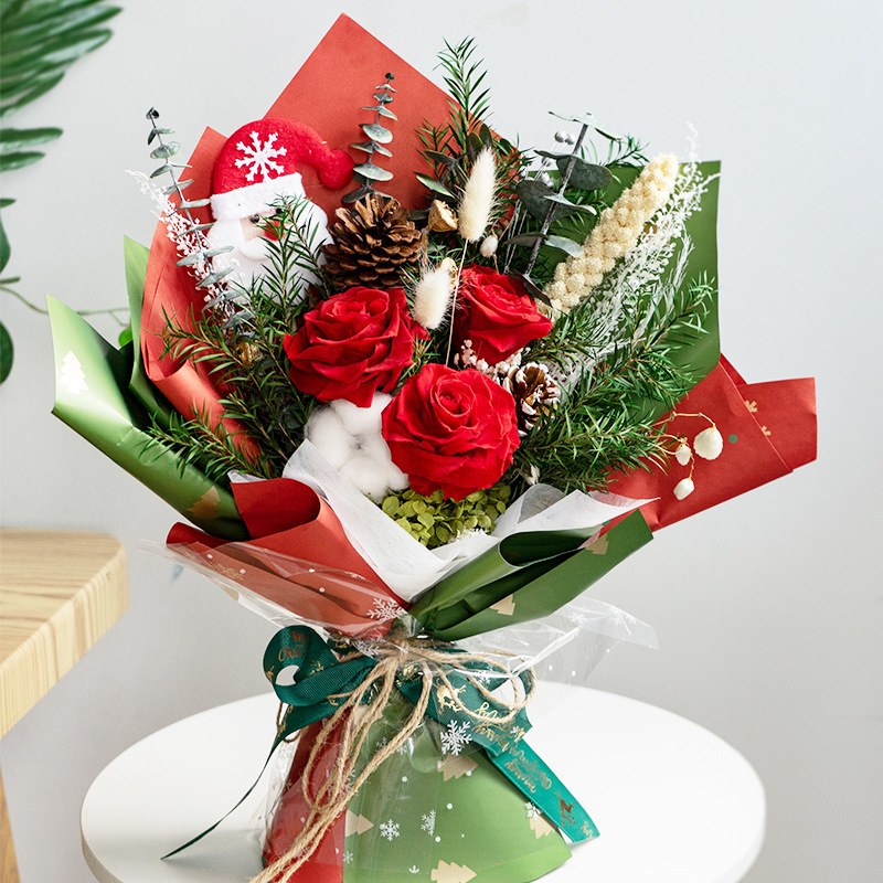 Rosa Eterna Navideña, Oso de Peluche, Ramo de Flores Terminado, Regalo para Novia o Mejor Amiga, Regalo Navideño Hecho a Mano