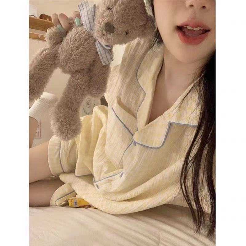 Niña linda solapa pijama de gasa mujer verano oso algodón y lino pantalones cortos de manga corta camisón traje de servicio a domicilio simple image 13
