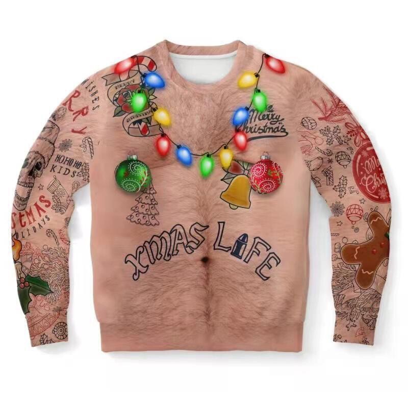 2023 Amazon 3D printing Christmas chest hair funny pattern couple hooded sweater fashion pullover top 2023 Amazon 3D printing Christmas chest hair funny pattern couple hooded sweater fashion pullover top