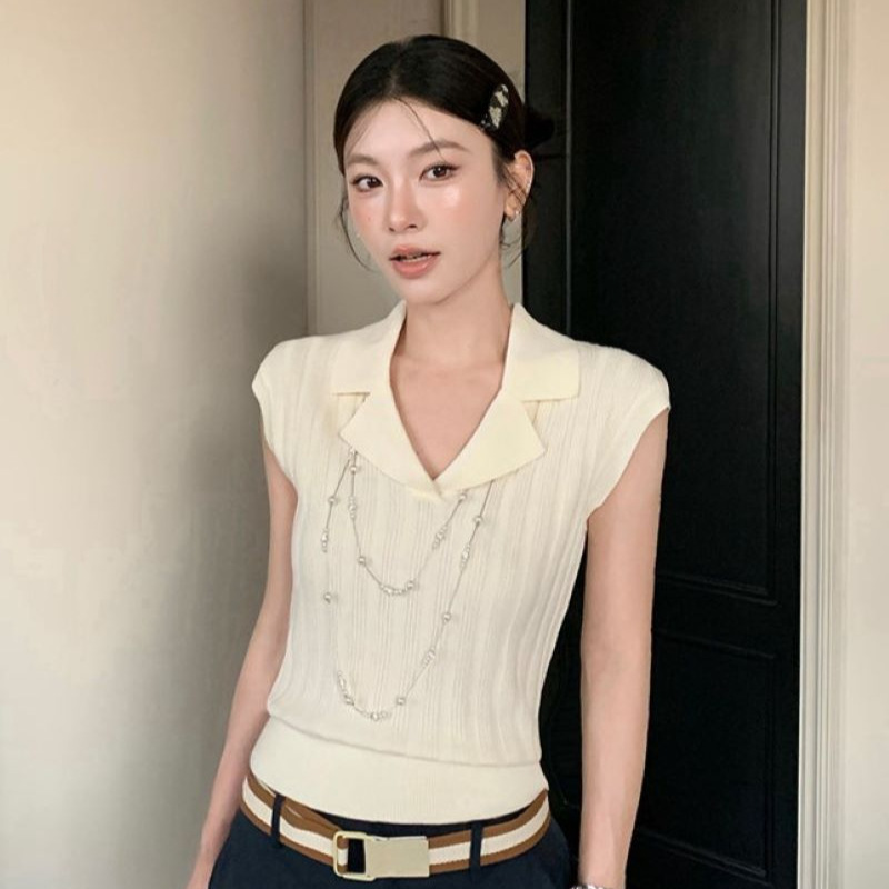 Casual Style Polo Collar Knitted Top with Fly Sleeves, Summer Slim-Fit, Simple and Comfortable Short Top for Women