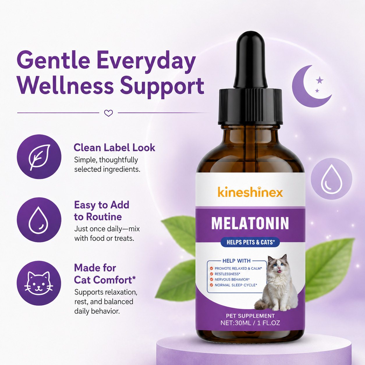 KineShineX Pet Melatonin Nutritional Solution, a general-purpose product for relieving stress and restlessness, in the form of a nutritional drop