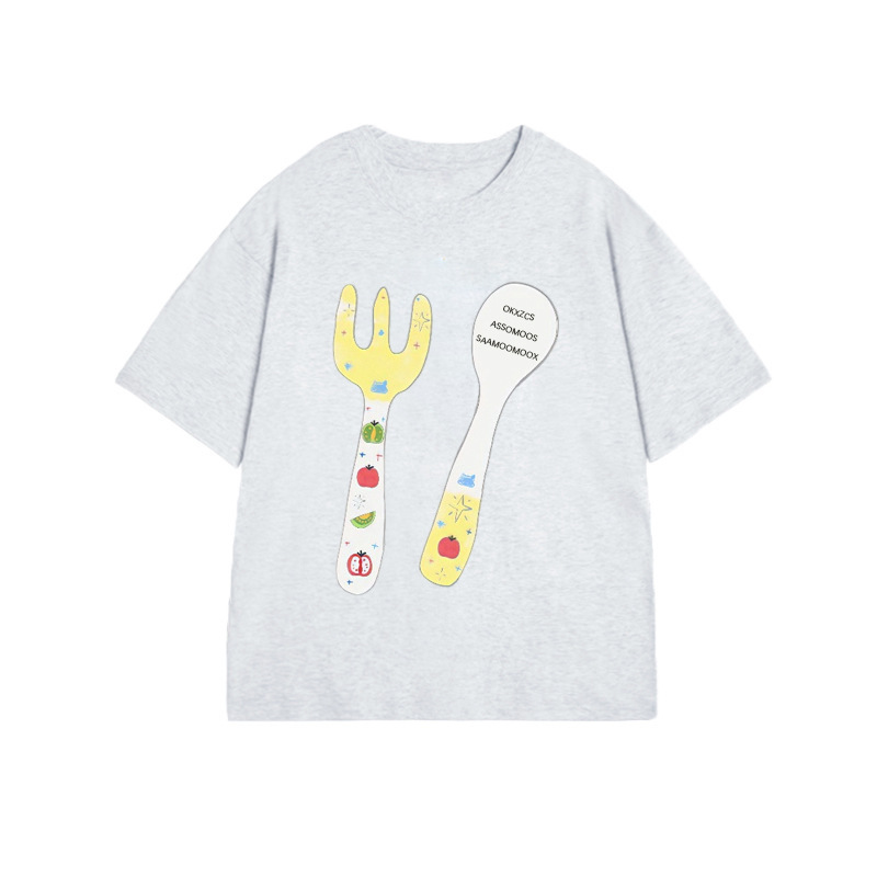 2025 New Trendy Brand Design Knife and Fork Short-Sleeved T-Shirt for Women Oversize Couple Style Half-Sleeved Loose and Versatile