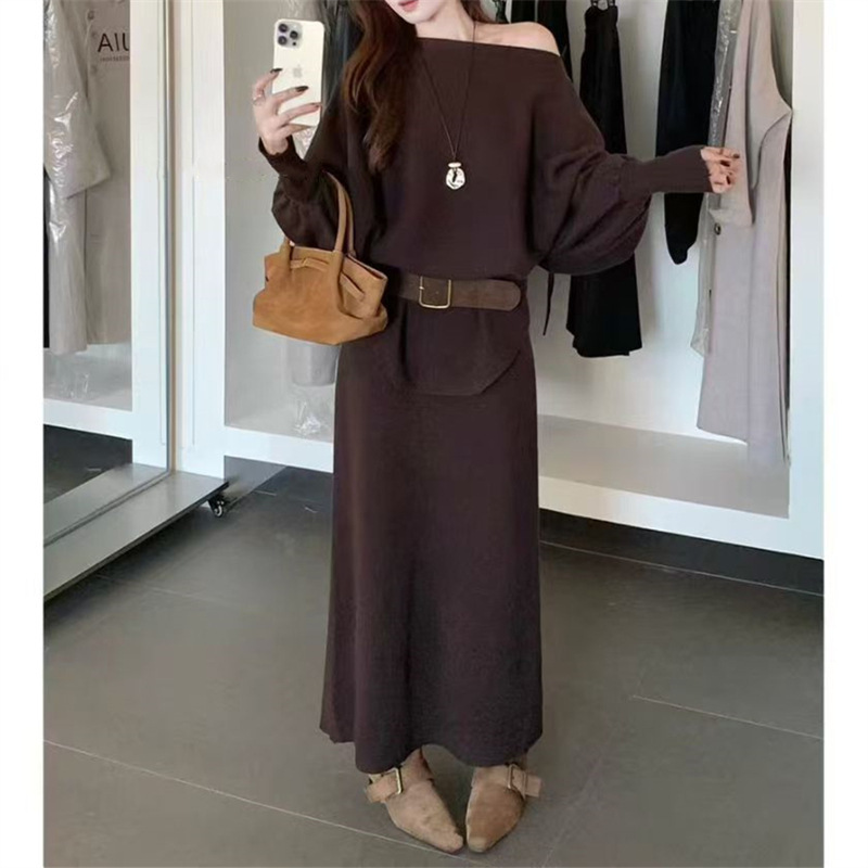 外贸百搭露肩纯欲风毛衣女秋季新款气质显瘦半身裙针织衫两件套潮|undefined