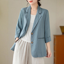 外贸品牌折扣棉麻西装外套女春秋高端气质宽松休闲亚麻小西服上衣