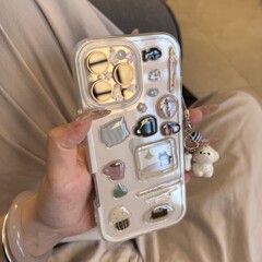 2-in-1 目覚まし時計 小さな黒猫と骨 小さな白い犬 ソフトケース iPhone16 に適した立体ステッカー 手作り Apple