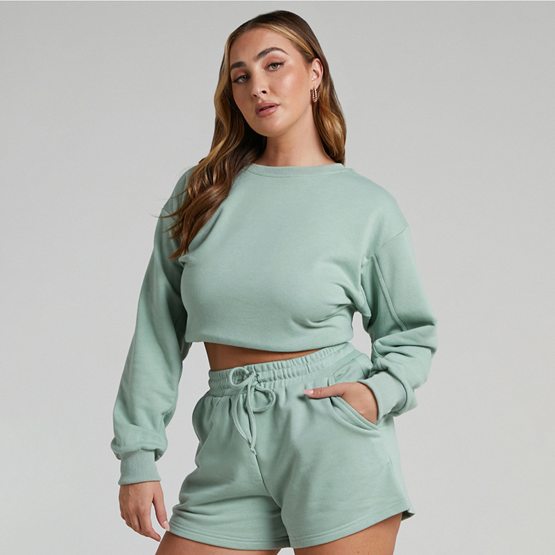 Solid Color Long Sleeve Sweaters Women Clothing Short Two-Piece Casual Shorts Suit