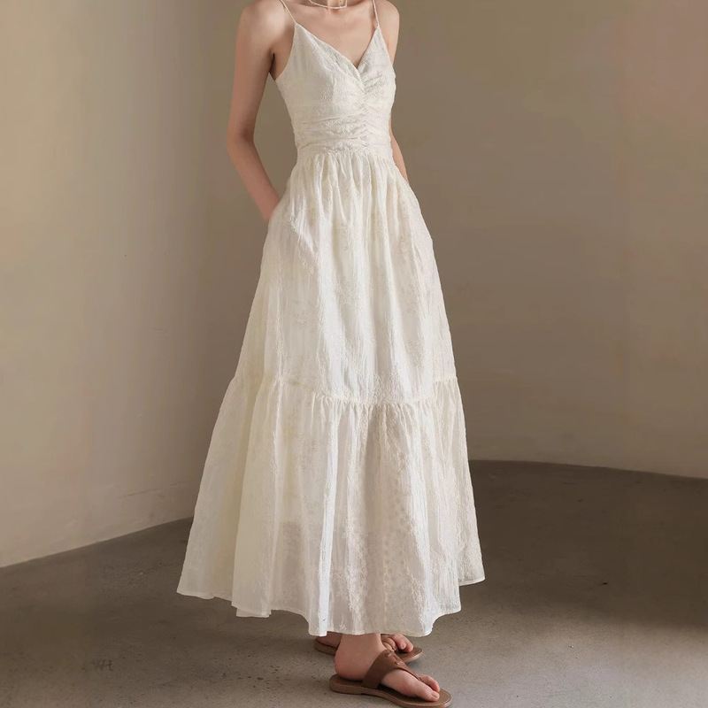French Style creamy-white V-neck Embroidered Tencel dress Women's Summer New High-end Holiday Style A- line Slip Skirt Long Skirt