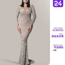 2025跨境春季新款 欧美外贸女装烫金长袖修身性感长裙宴会晚礼服