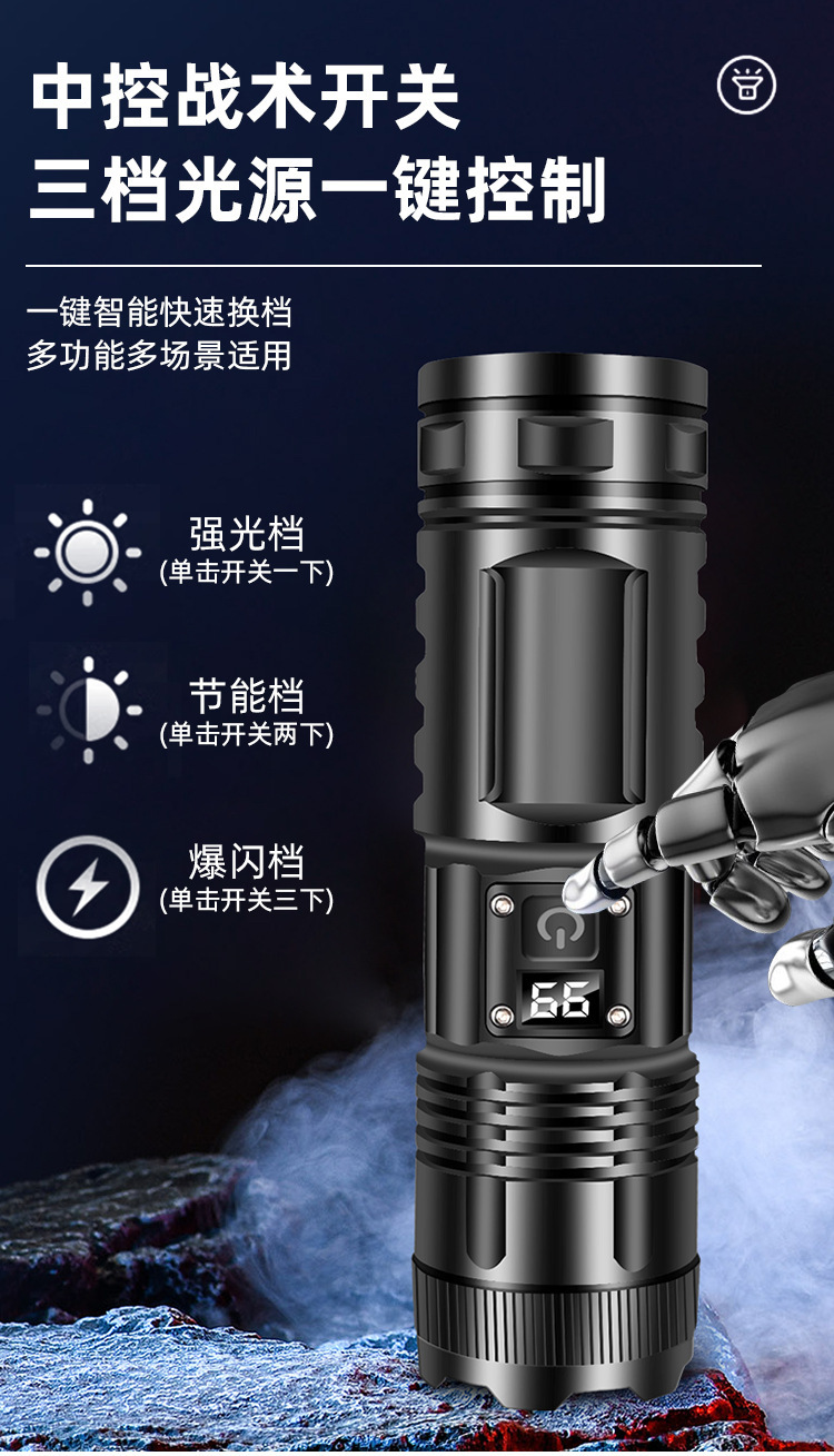 New white laser flashlight Type-C charging strong light outdoor zoom super bright long-range light with power display