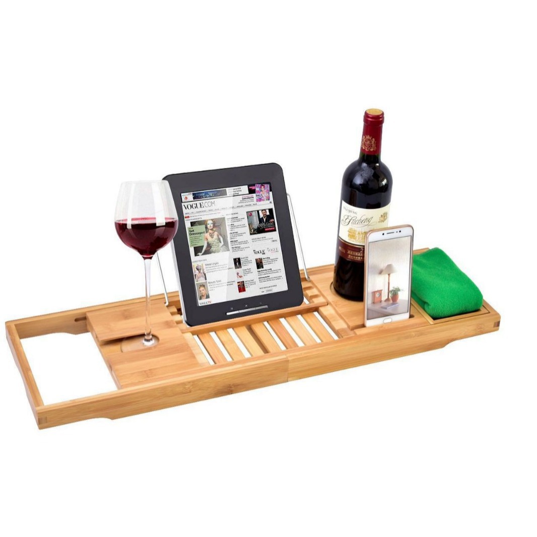 Bambú retráctil baño estante bañera bandeja cama y desayuno baño teléfono móvil estante de almacenamiento plana antideslizante bambú bañera rack