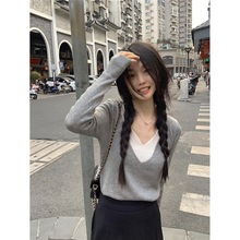 秋装2024新款假两件撞色拼接双层领打底针织衫长袖宽松显瘦上