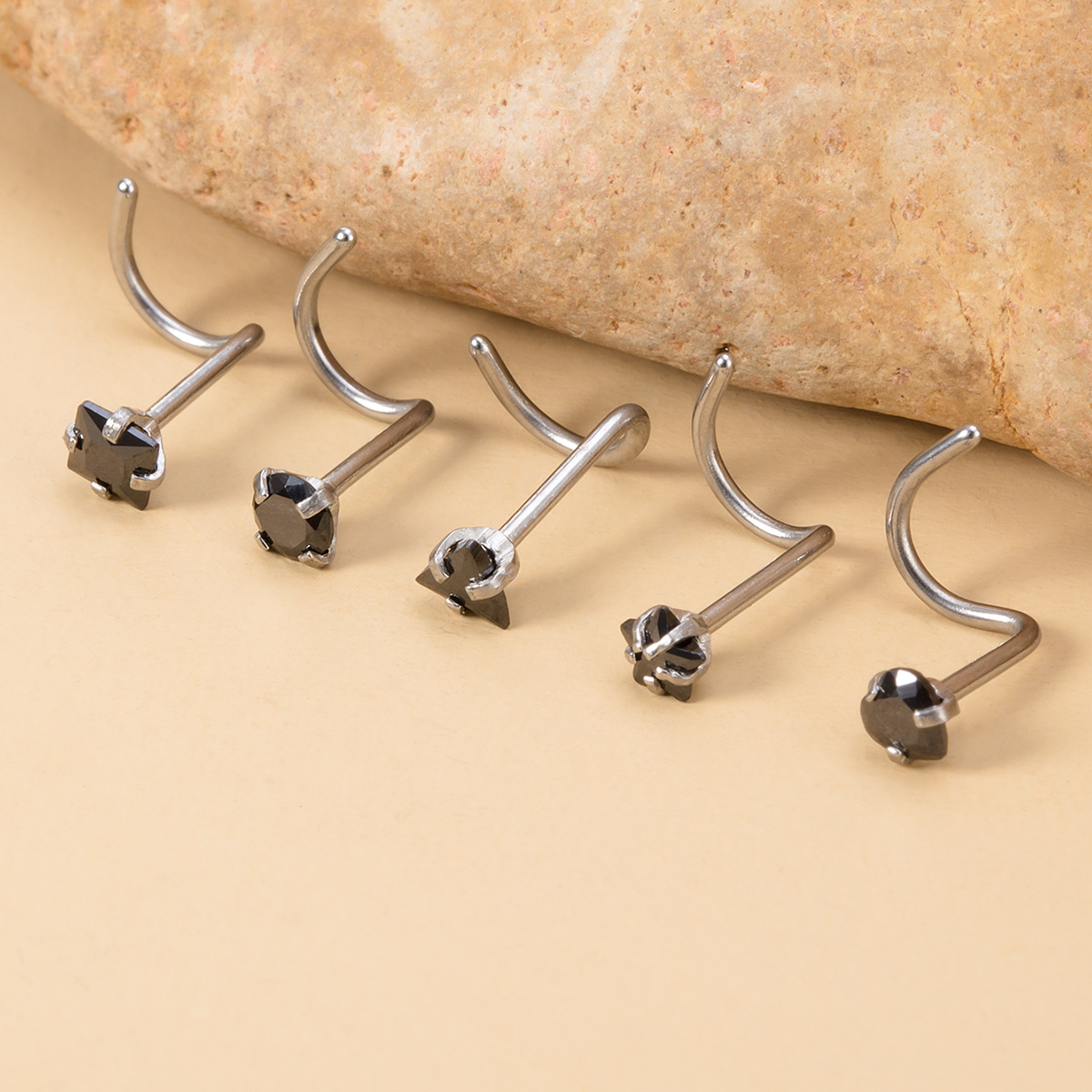 Cross-Border New Mixed Color Hao Stone Jewelry Geometric Stainless Steel Right Angle Stud Colorful Inlaid Diamond_voghion.com