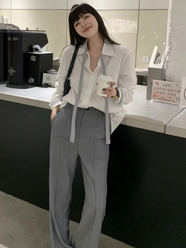 白色拼接polo领长袖衬衫秋女2025设计感小众宽松休闲百搭气质衬衣|undefined