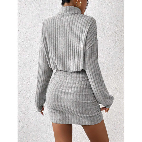 European and American women's autumn/winter slim-fit fashion ribbed high-neck hip-hugging long-sleeved dress
