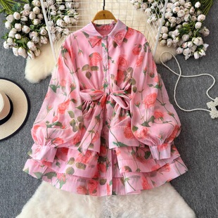 French Retro Lace-up Waist Print Ruffled Cake Skirt Short Shirt Women's 2024 Summer Elegant...