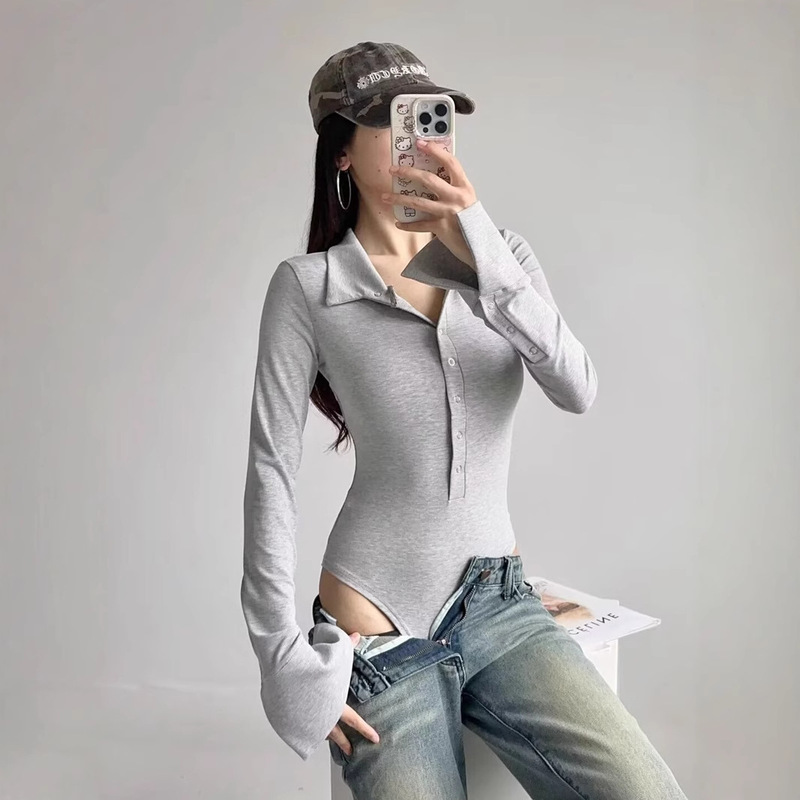 Spring and Autumn sexy hot girl long-sleeved knitted T-shirt women's tight single-breasted jumpsuit stretch slimming bottoming shirt fashion