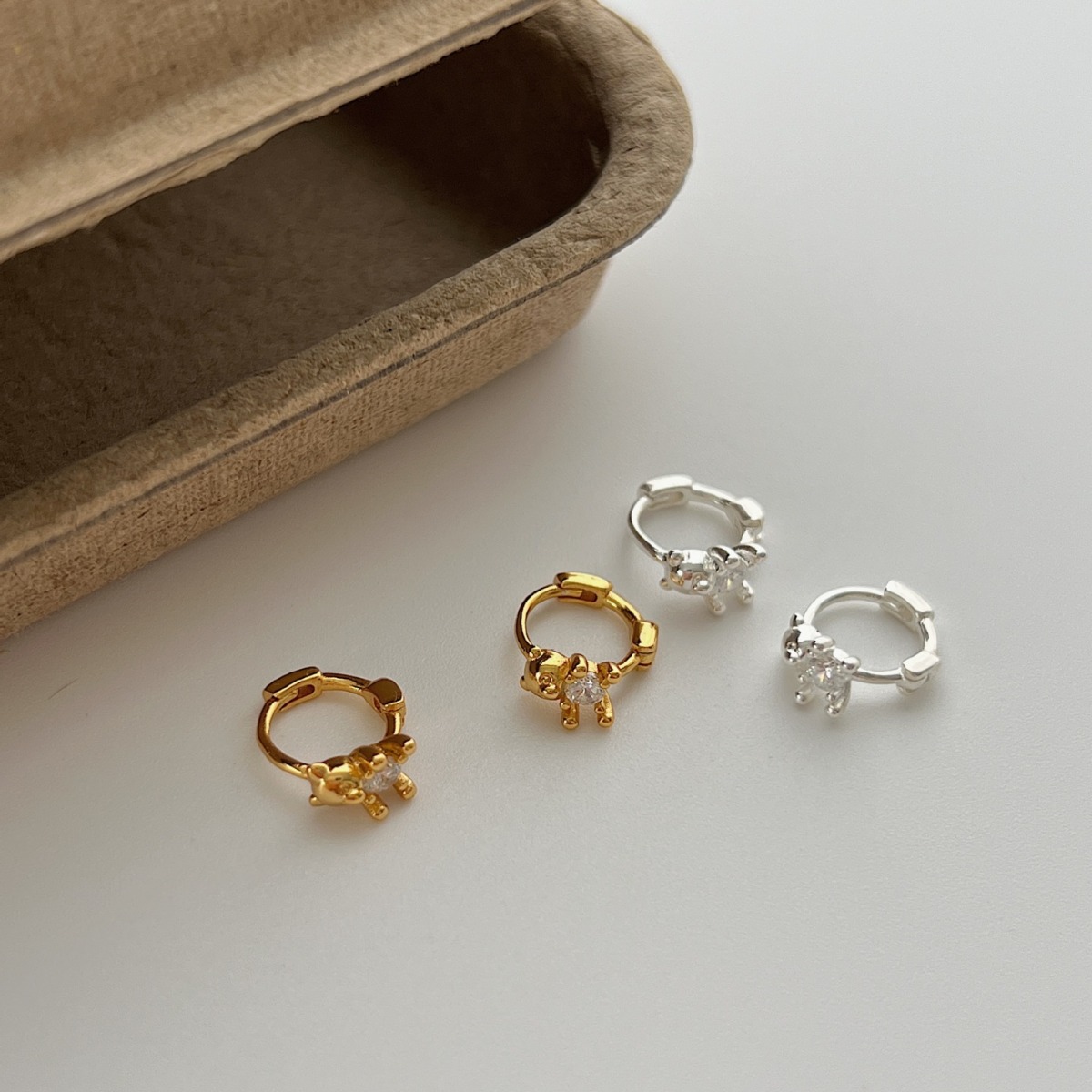 韓國飾品鍍18K金耳環女 童趣小熊鑲嵌K耳扣耳圈耳飾時尚百搭女