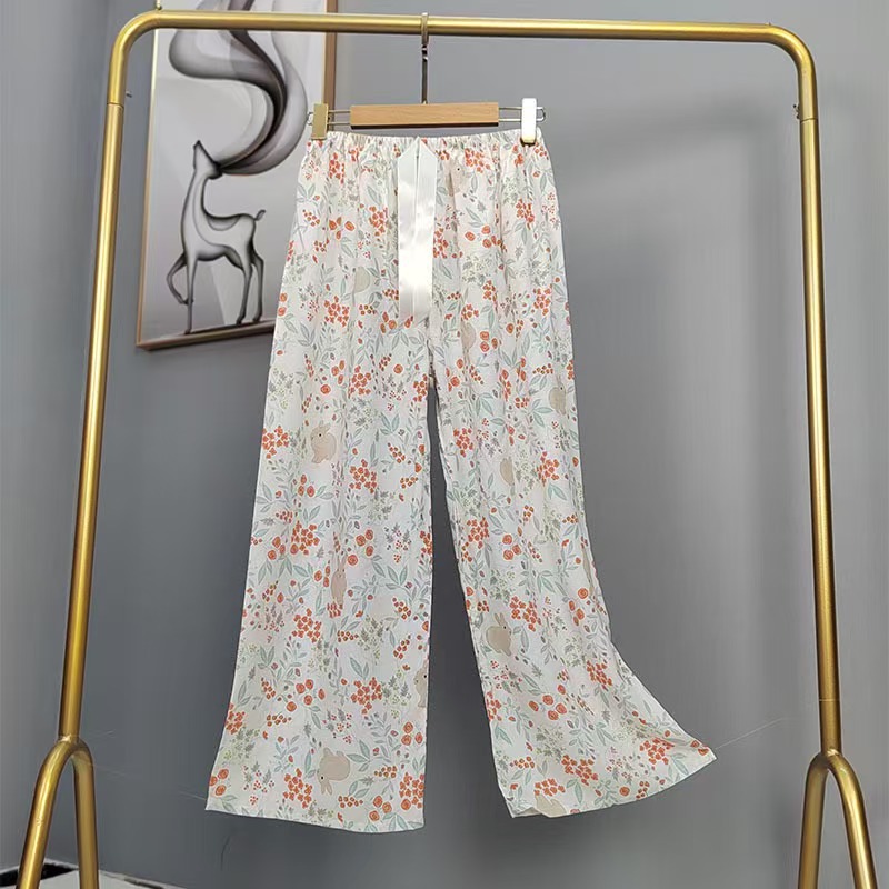 Pijama de seda de algodón para mujer, pantalones anchos de mujer embarazada de seda de algodón con estampado fino de verano