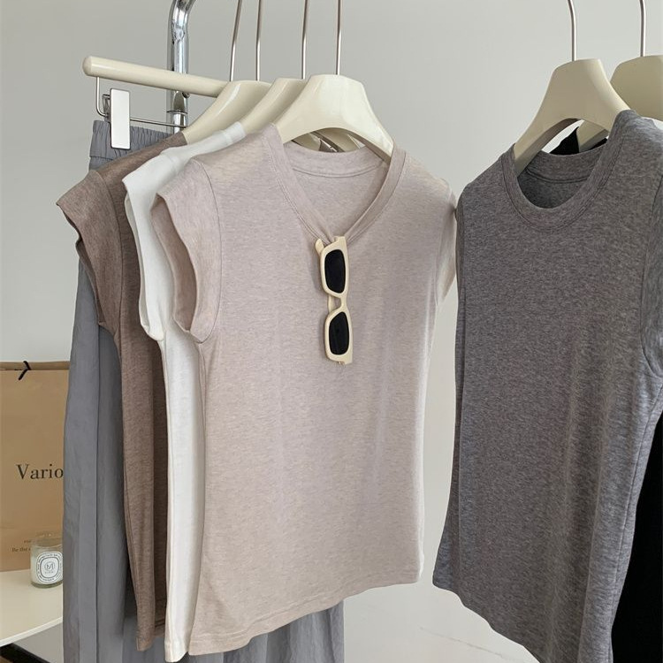 [92 Cotton 8 Spandex] Summer New Round Neck Small Flying Sleeve T-shirt Women's Slim Fit Slimming Shoulder Short Sleeve Base Top