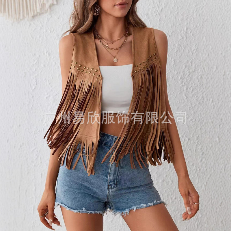 Women's Tassel Fringe Sleeveless Vest Fringe Suede 70S Hippie Jacket Vest