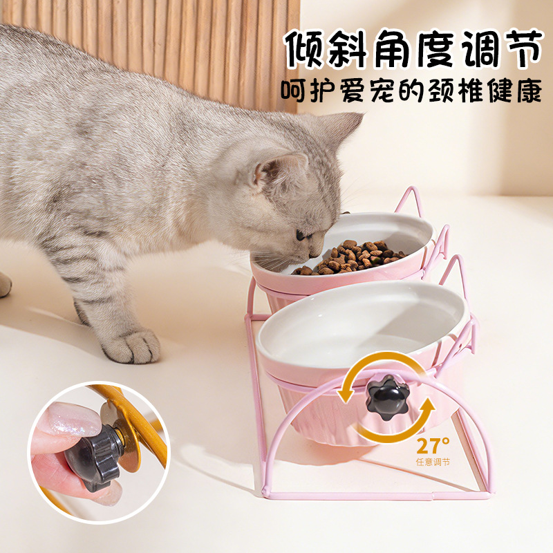 Tazón de cerámica para gatos, cuello de protección de pies altos, soporte de fijación de doble tazón anti-derroque para mascotas, tazón de alimentación para perros y gatos, ángulo de inclinación ajustable