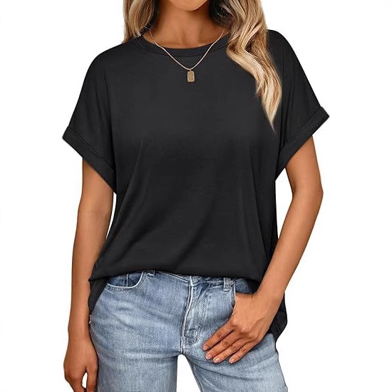 TK2025 Europäische und amerikanische grenzüberschreitende Frühjahr/Sommer-Kollektion: Neues, lässiges Kurzarm-Shirt mit Rundhalsausschnitt in Unifarbe und lockerer Passform._voghion.com
